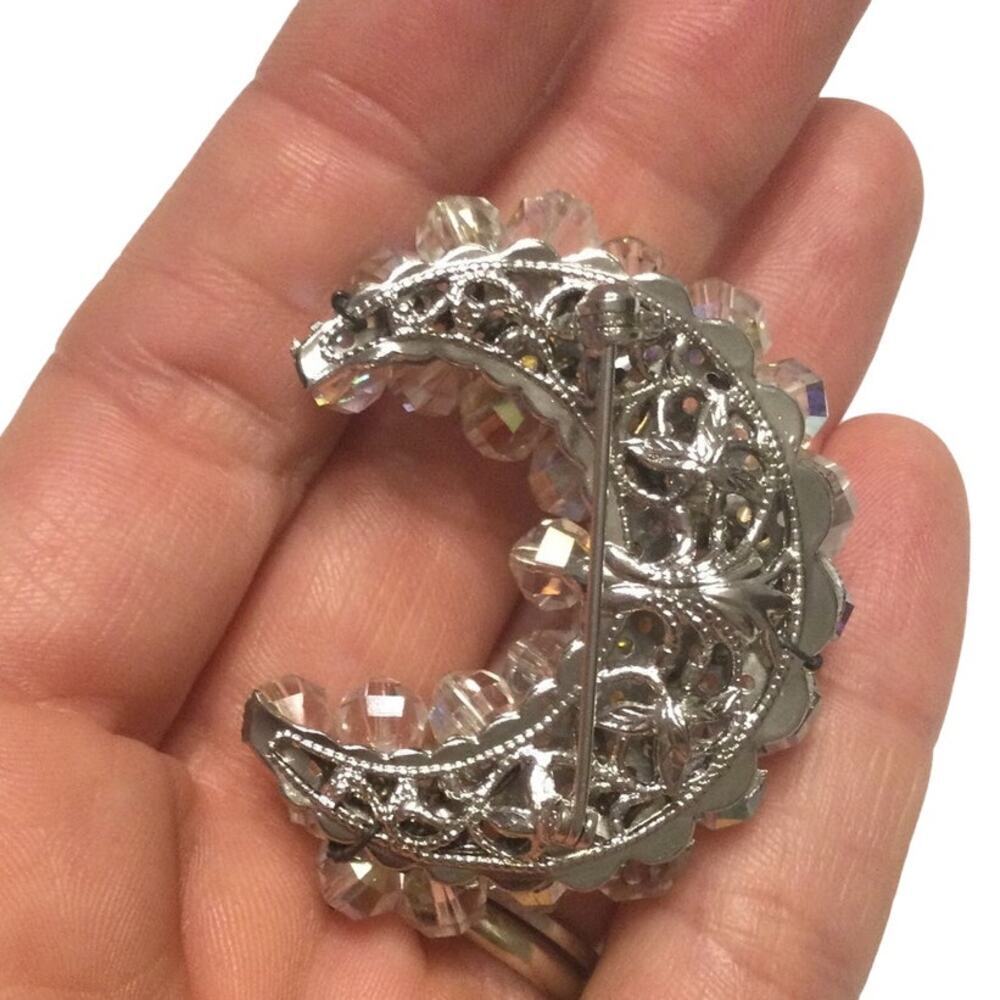 Vtg Glass bead brooch pin half moon crescent silver celestial astrology Islam 2" - Picture 4 of 9